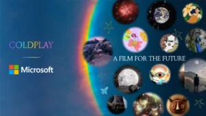 A poster for the Microsoft and Coldplay collaboration with images of planets and stars