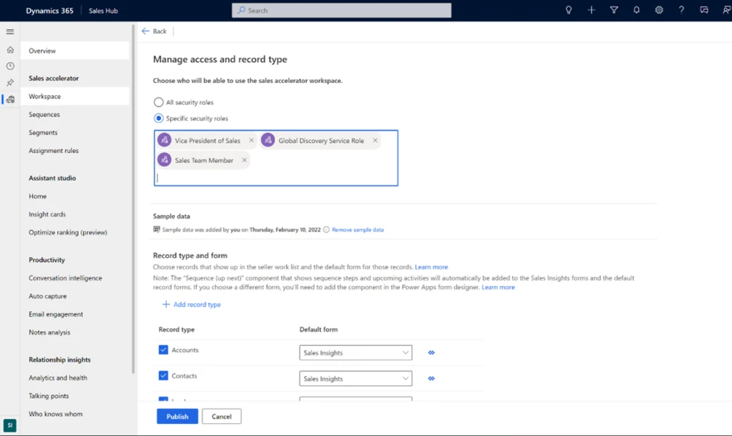 Screenshot of the Manage access and record type section of the sales accelerator workspace settings page, with security roles highlighted.