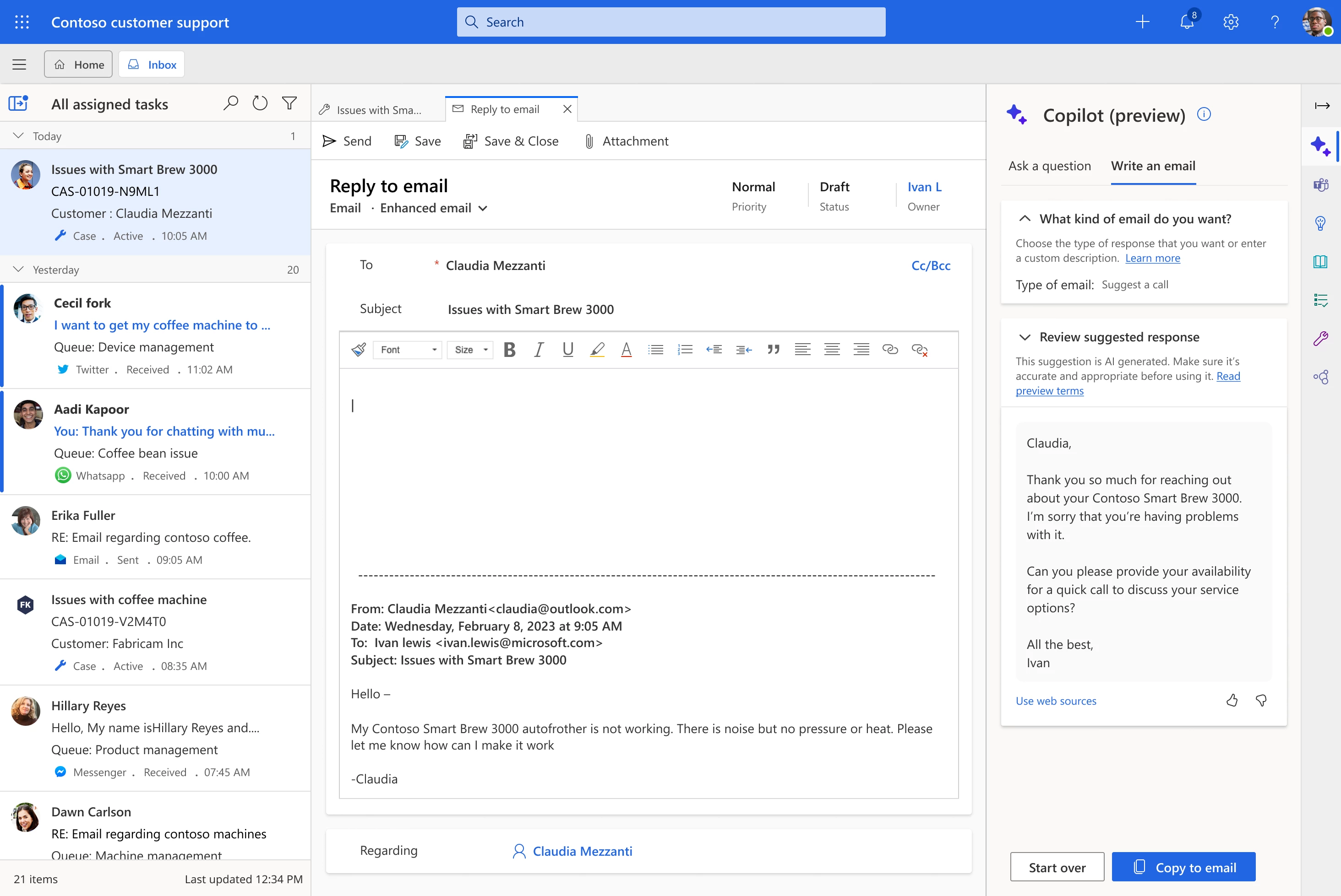 Graphical interface showing the ability to draft an email response in a single click using Copilot.