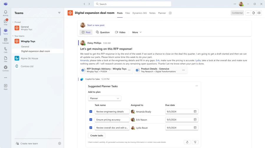 Copilot for Sales automatically suggesting tasks in Collaboration Space.