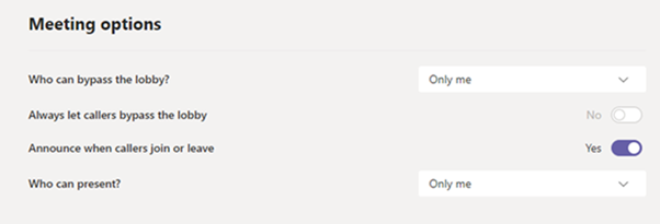 A screenshot of meeting options from Microsoft Teams