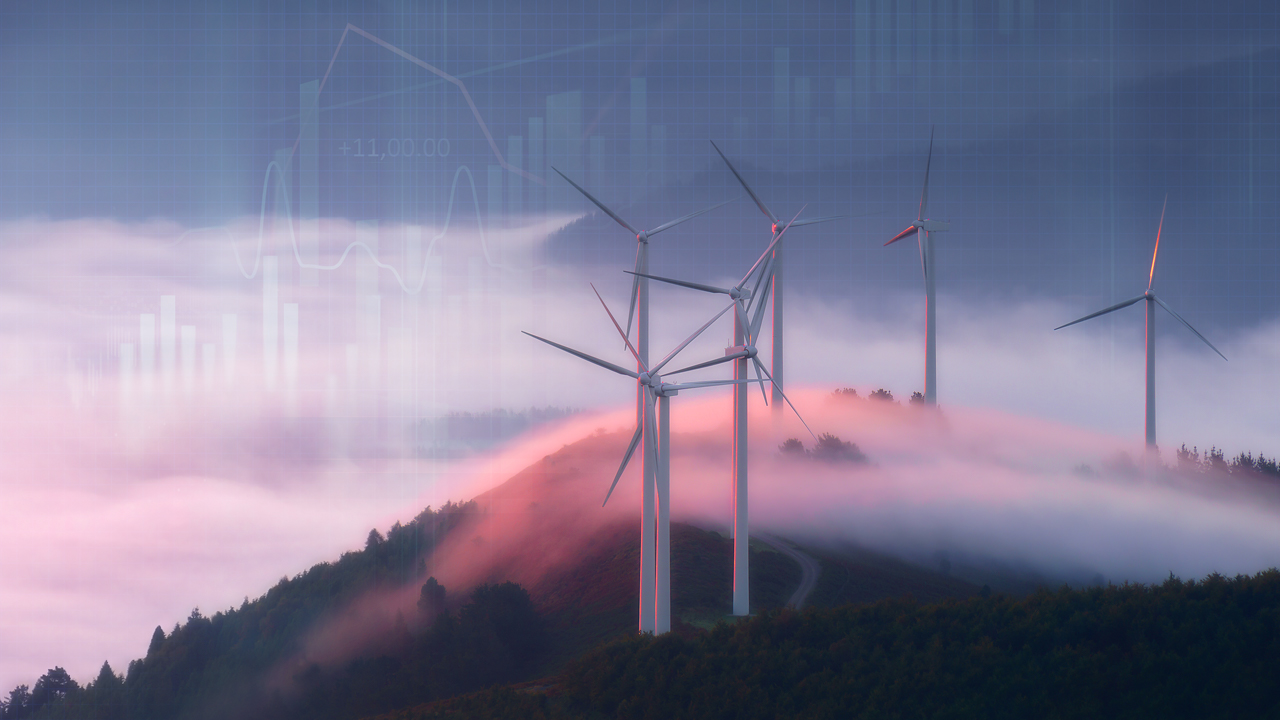 wind turbines on a mountain.