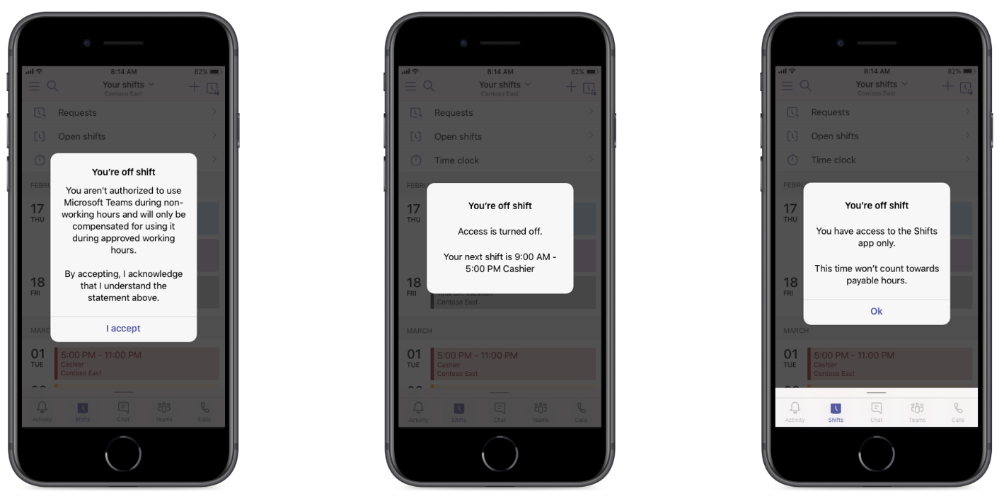 Image of shift being used in Microsoft Teams. Three phones display various messages from the new feature.