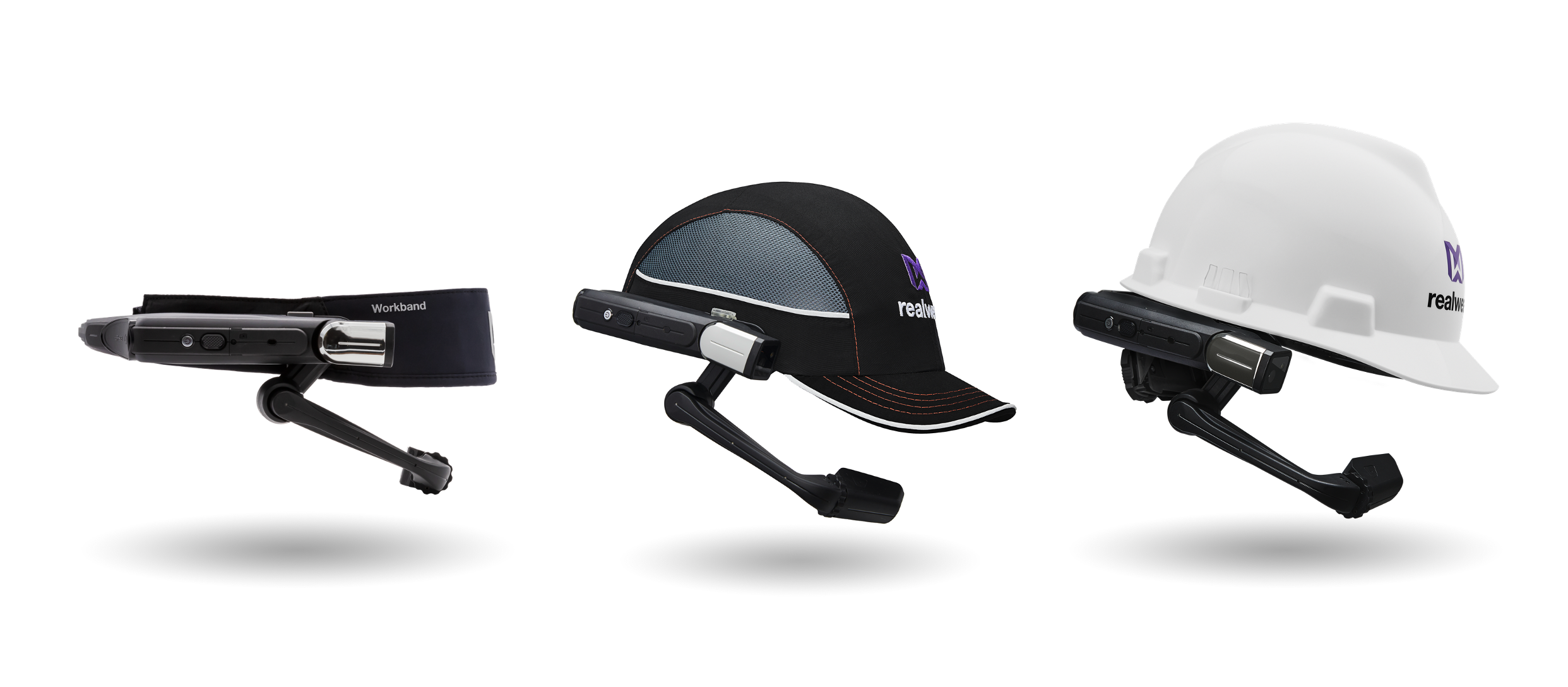 Three examples of RealWear headwear solutions that integrate with Microsoft Teams.
