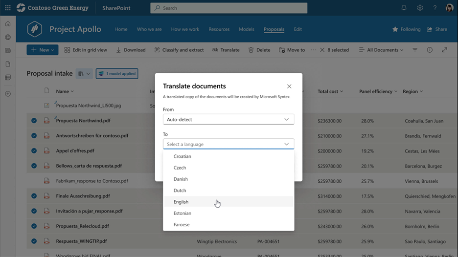 The user interface for Contoso Green Energy company, proposal intake for Project Apollo. Selecting files to be translated from an auto-detected language into English.