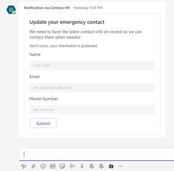 Screenshot of Power Virtual Agents adaptive card sent