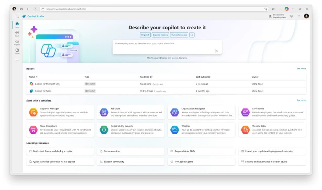 Copilot Studio homepage user interface