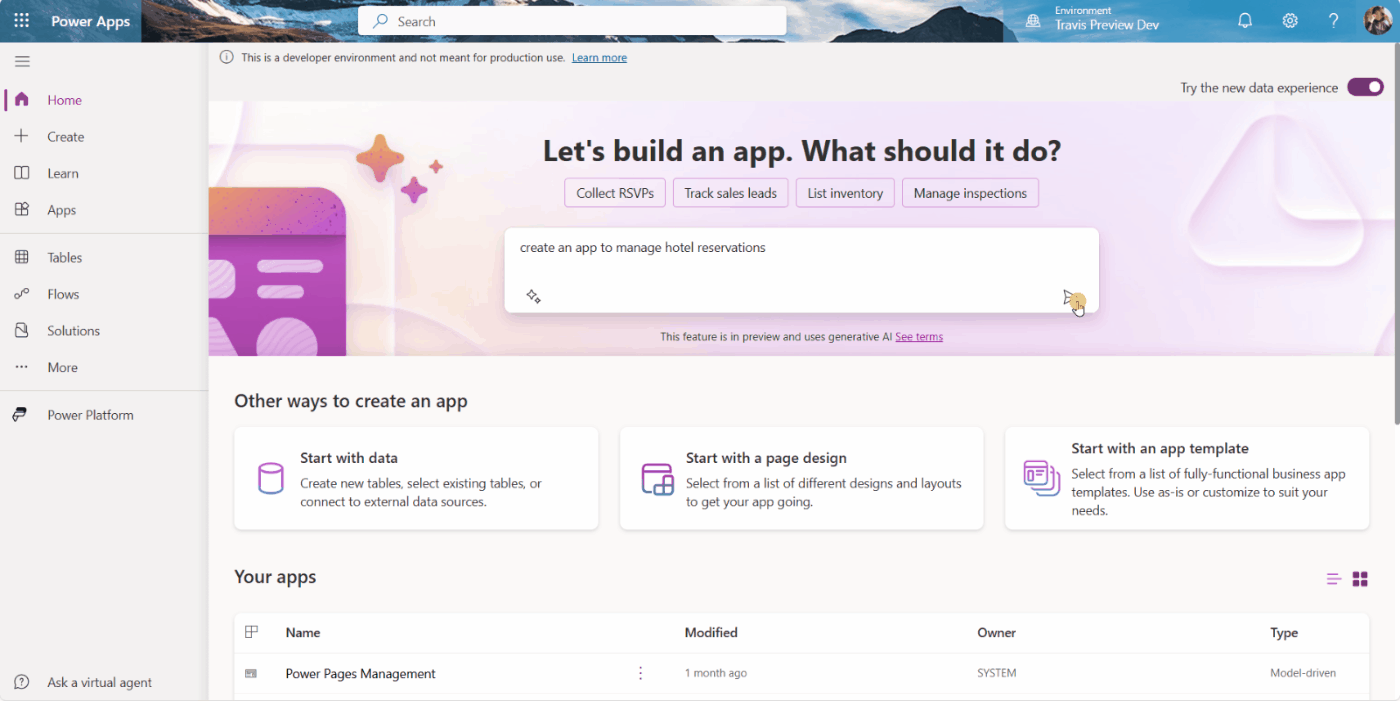 Starting from the Power Apps portal, using Copilot to enter a prompt and then seeing a visual entity relationship diagram of the tables created.
