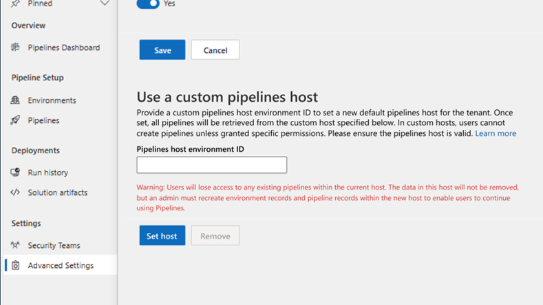 "Use a custom pipelines host" setting in the Deployment Pipeline Configuration app for Pipelines admins