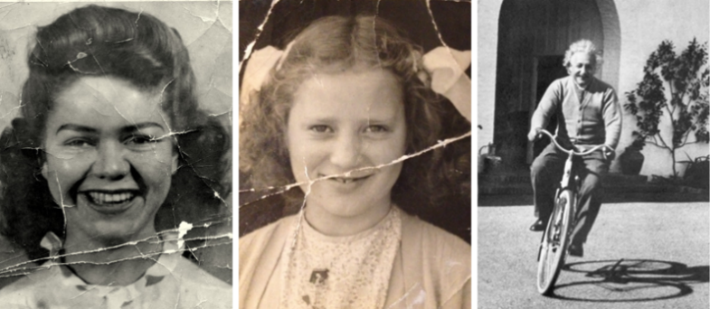Three old photographs. A black and white headshot of a woman has scratches and folds. A sepia headshot of a girl shows discoloration as well as scratches and bends. A black and white photo of a man on a bike shows film noise.