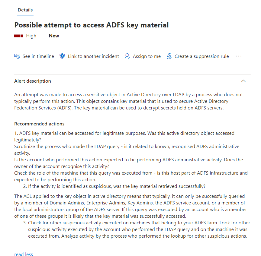 Screenshot of Microsoft Defender Security Center alert of Possible attempt to access ADFS key material