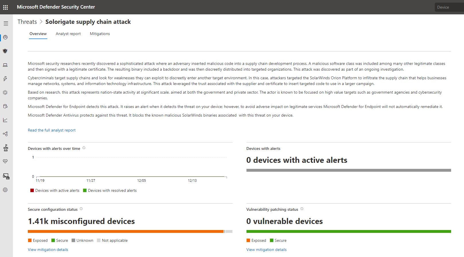 Screenshot of Threat Analytics report for Solorigate in Microsoft Defender Security Center