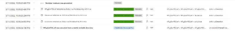 Screenshot of the Microsoft 365 Defender timeline showing where the malicious .elf file was run and the succeeding remediation of the dropped binaries.