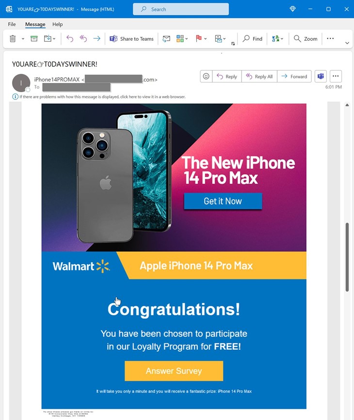 A screenshot of a spam message sent to targets as part of the attack. The email bears the branding of a popular retail store and contains an image of an iPhone, suggesting to the reader that they have won the said device. At the bottom of the image, the email states that the reader has been chosen to participate in a survey.