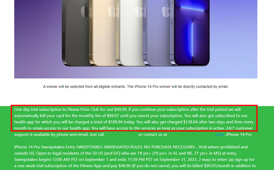 A screenshot of the text at the bottom of the webpage where the target is asked to pay for a supposed shipping fee. The text indicates the details of the several paid subscriptions they are signing up for by entering their details on the page. It also reveals that the target did not win a device, but only signed up to join a sweepstakes to win an iPhone.