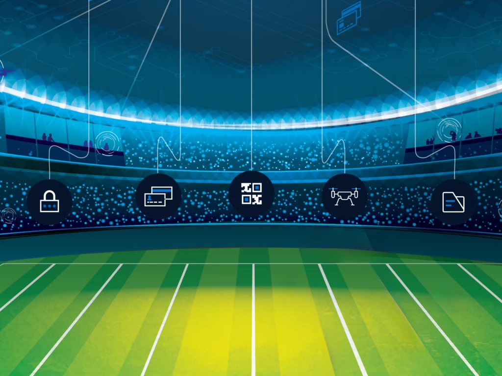 Image of a soccer field with icons representing security risks laid on top.
