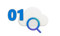 01 número en texto azul al lado de un icono de nube con una lupa superpuesta parcialmente.