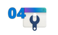 Número 04 en texto azul junto a un icono que representa una ventana de navegador web. Dentro de la ventana hay un icono de llave inglesa azul.