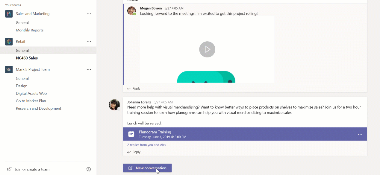 Capture d’écran animée des annonces dans Microsoft Teams. Un utilisateur souhaite la bienvenue à un nouvel employé.