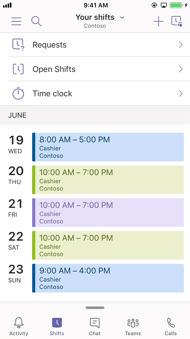 Capture d’écran animée de la pointeuse dans l’application mobile Teams. Un utilisateur vient de pointer à l’entrée de son shift.
