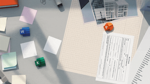 Image animée des icônes de l’application Office disposées sur un bureau, se regroupant dans une animation image par image, puis finissant par former l’écran d’accueil de la nouvelle application Office Mobile.