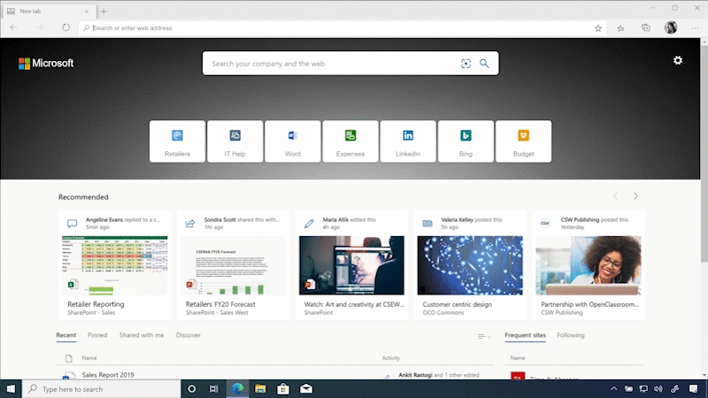 GIF illustrant la nouvelle Recherche Microsoft Edge