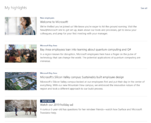 A screenshot shows content that Bay Area newly hired employees saw on their personalized version of the MSW homepage recently. The stories shown include one that welcomes new employees to Microsoft, a story about a Bay Area-employee who worked on a Microsoft quantum computing project, a story on Microsoft Silicon Valley’s sustainably built campus, and a story shown globally on all versions of MSW on Microsoft’s new holiday ad.
