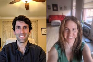 Samocha and Koch pose for a screenshot taken in Microsoft Teams from their home offices.