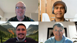 Maw, Surendranath, Kelley, and Busby pose for photos from their home offices via a Microsoft Teams call.