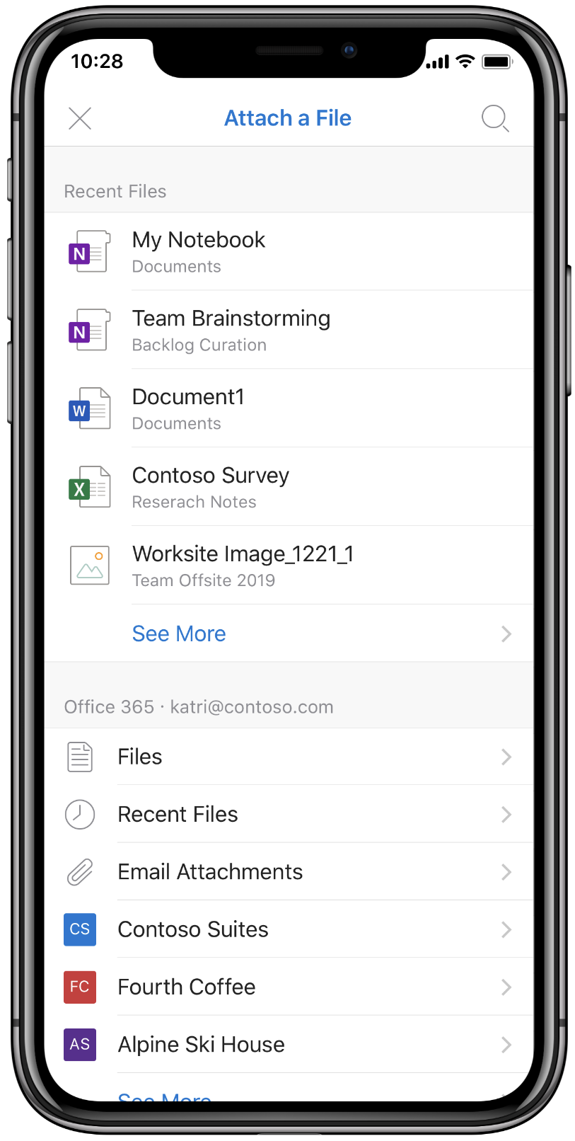 iOS 版 Outlook で添付されたファイルのスクリーンショット。