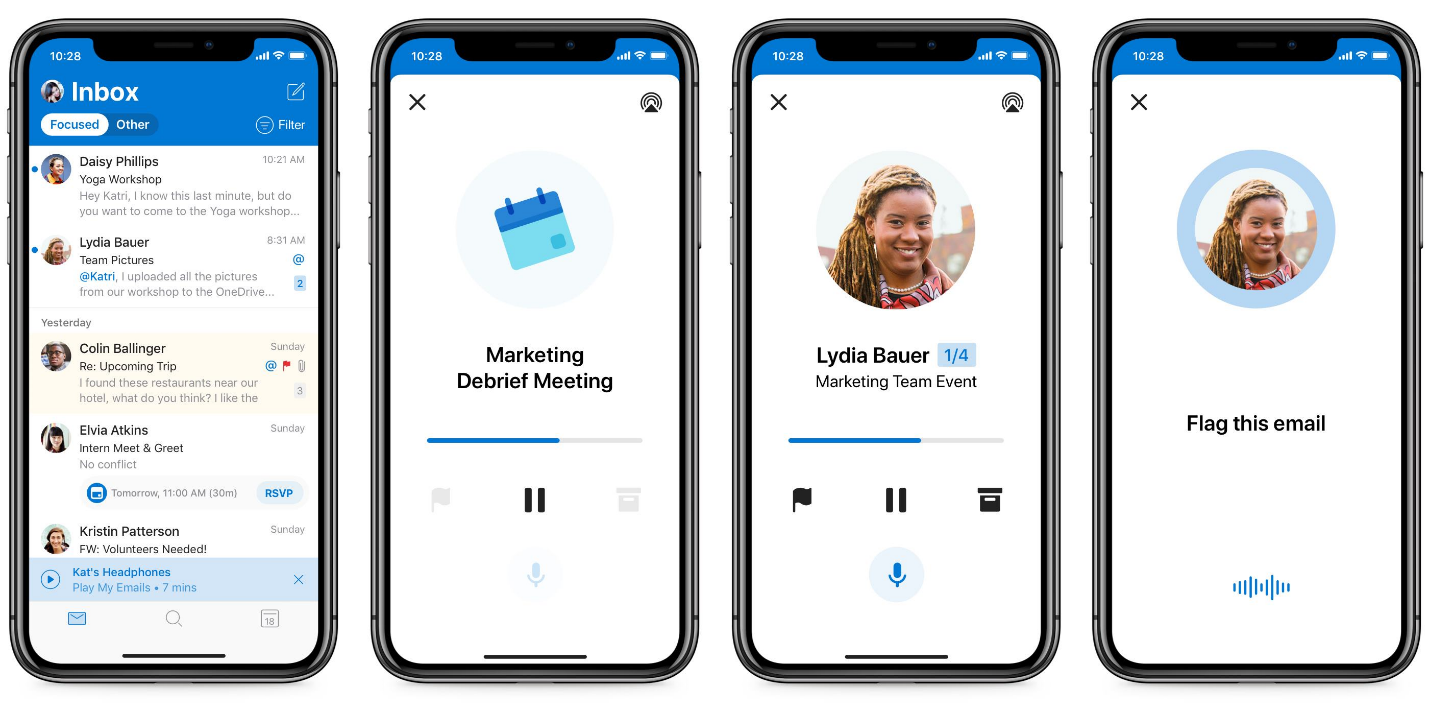 4 台のスマートフォンを横に並べた画像。パーソナル アシスタントとしての Cortana のパワーを表しています。1 つは Outlook の受信トレイ、次の 2 つはモバイル会議が表示され、最後の 1 つは Cortana がメールにフラグを設定しようとしていることを示しています。