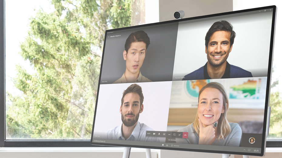 Image of teammates connecting on a Surface Hub.