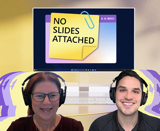 Duas pessoas em uma videoconferência com a mensagem "Sem slides anexados" na tela.