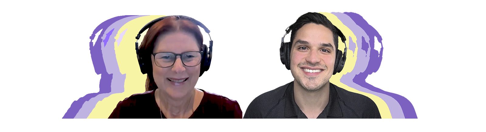 Helane Cohen e Fede Pacheco com fones de ouvido