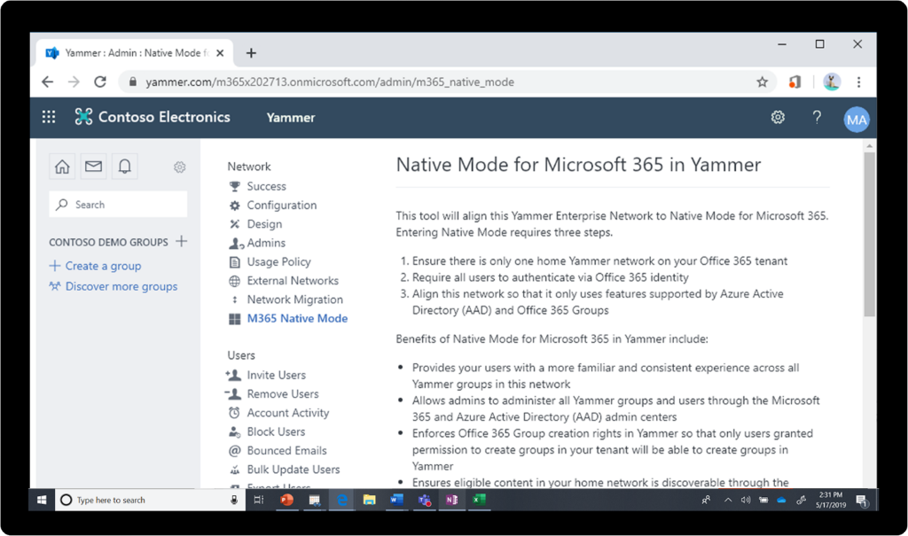 Obrázok zapnutého natívneho režimu služby Microsoft 365 v Yammeri.