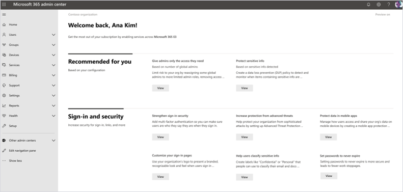สกรีนช็อตของฮับการออนบอร์ดในศูนย์การจัดการ Microsoft 365